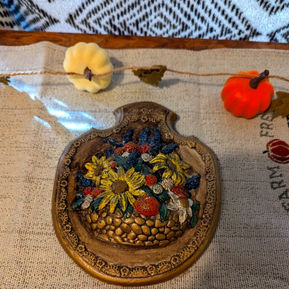 Vintage Wall Hanging Plaque with Mushrooms and Sunflowers
